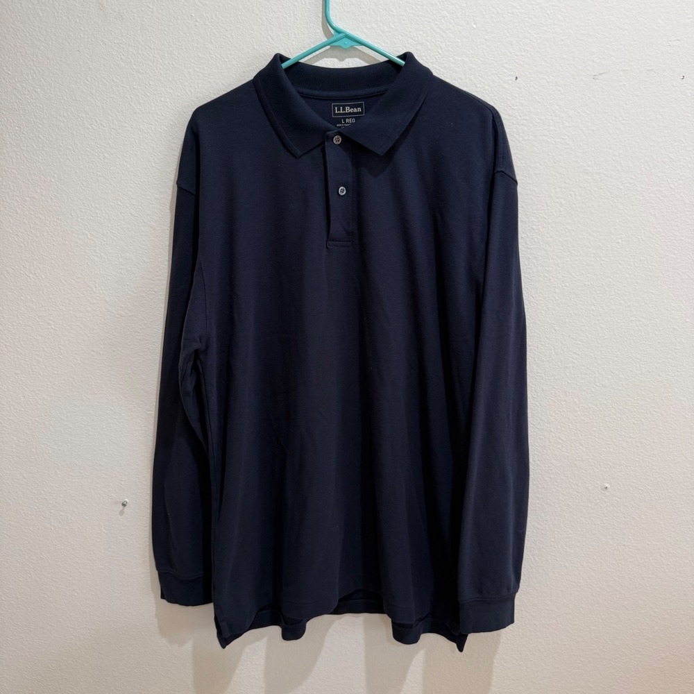 LL Bean Mens Navy Blue Long Sleeve 100% Cotton Polo Shirt Large Regular 236477